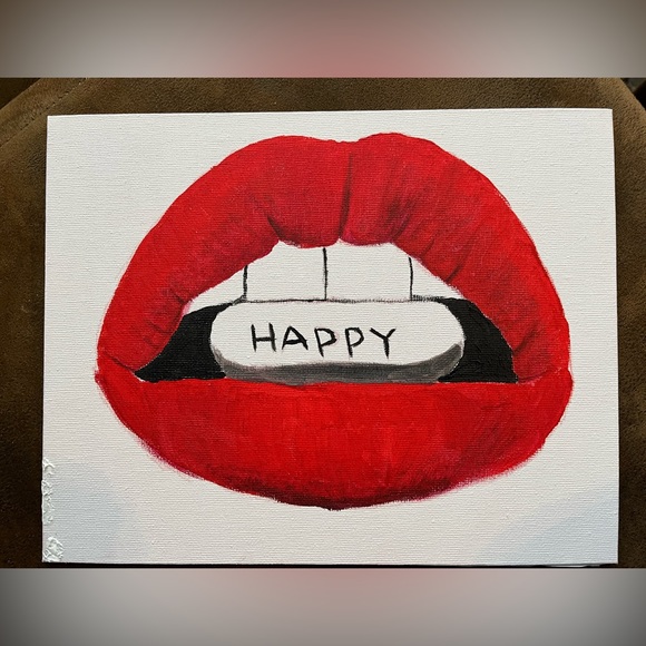 Happy pill red lips painting. Handmade, original, on 8x10 canvas. - Picture 2 of 2
